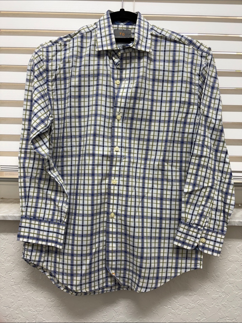 Thomas Dean White, Blue & Green Plaid Button-Down Shirt